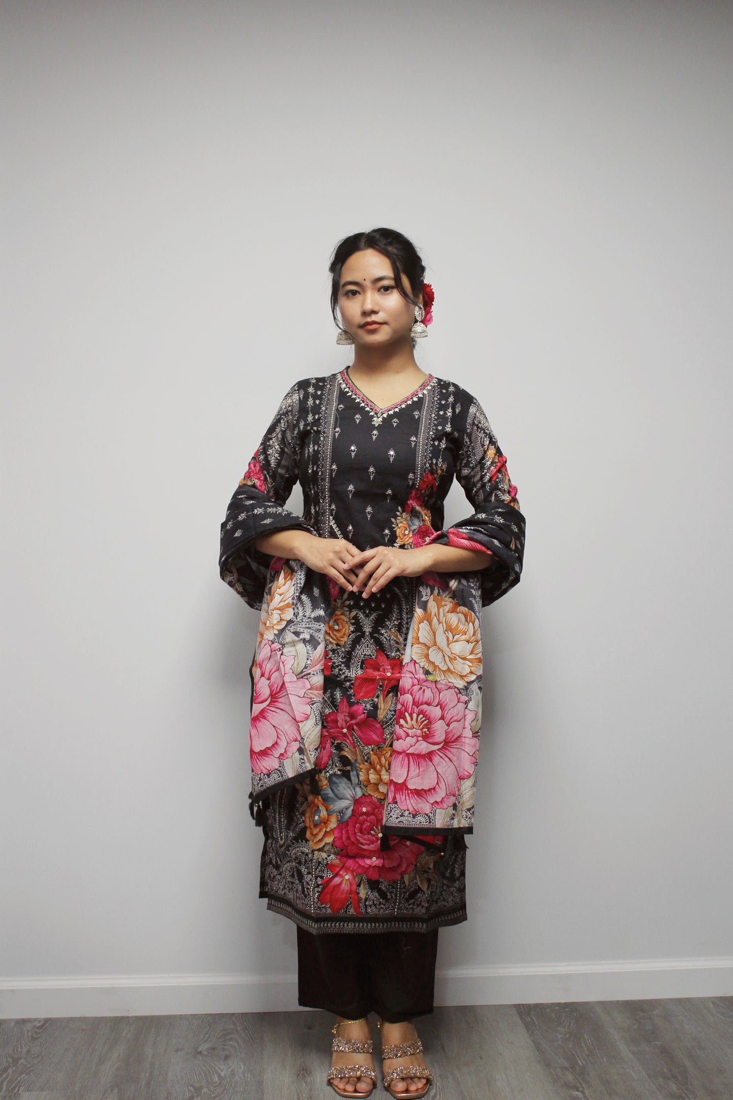 Floral Cotton Straight Kurta Set with matching dupatta.