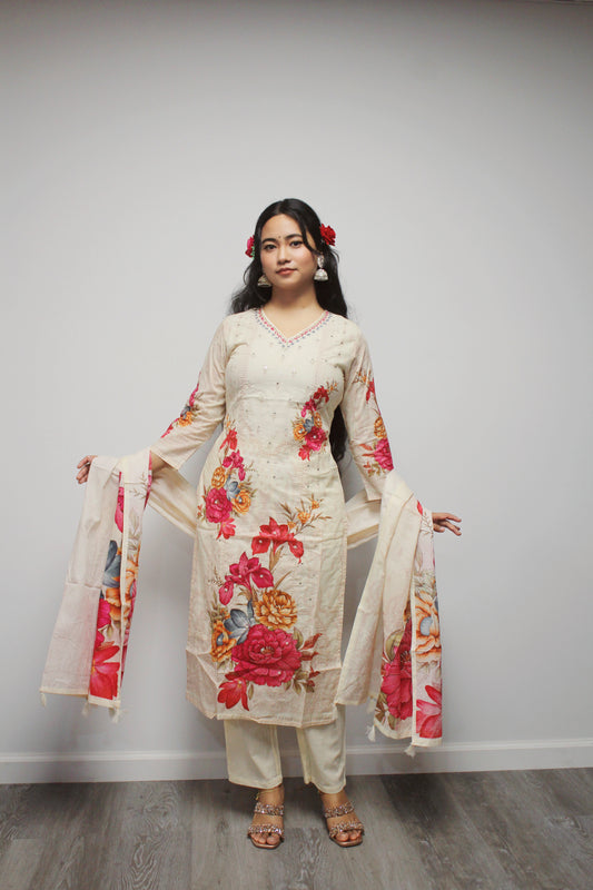 Floral Cotton Straight Kurta Set with matching dupatta.