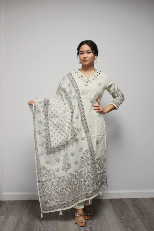 Cotton Straight Kurta Set with matching dupatta.