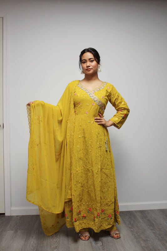 Yellow Umbrella Kurta Set with dupatta.