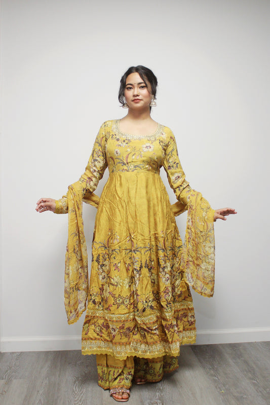 Umbrella Anarkali with wide palazzo pant and dupatta.