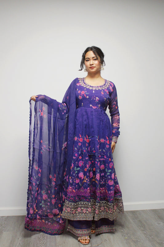 Umbrella Anarkali with wide palazzo pant and dupatta.