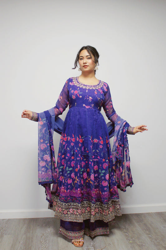 Umbrella Anarkali with wide palazzo pant and dupatta.