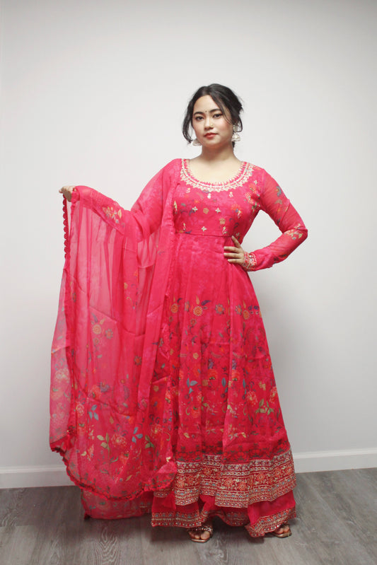 Umbrella Anarkali with wide palazzo pant and dupatta.