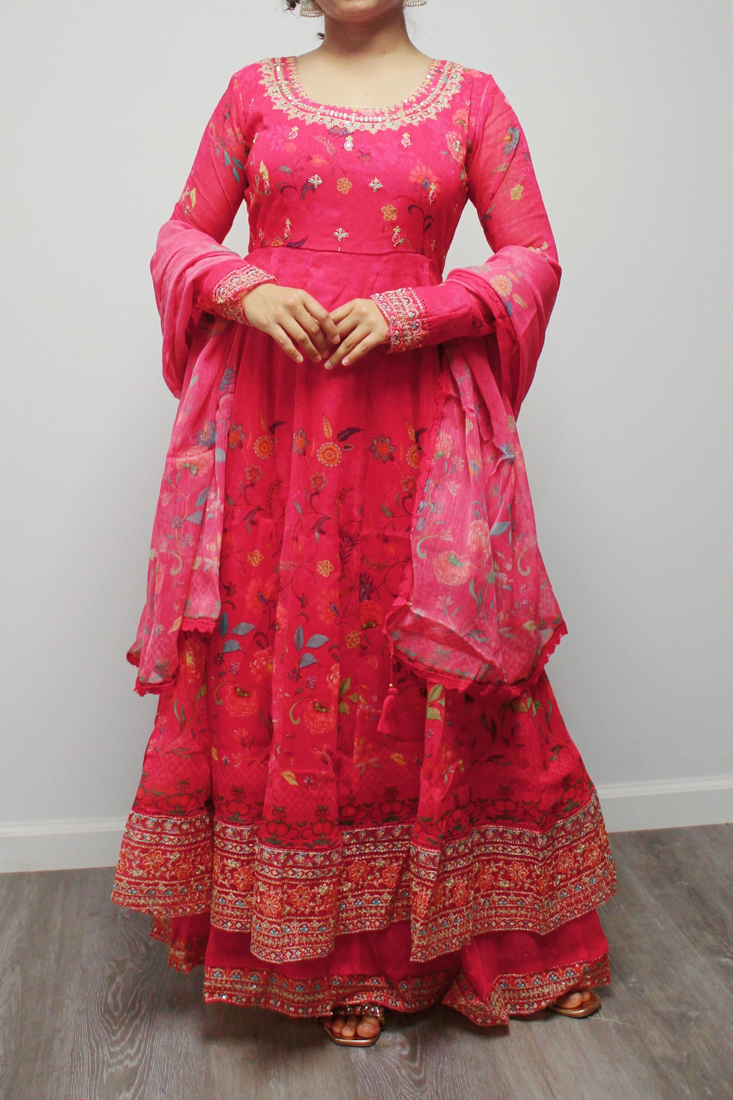 Umbrella Anarkali with wide palazzo pant and dupatta.