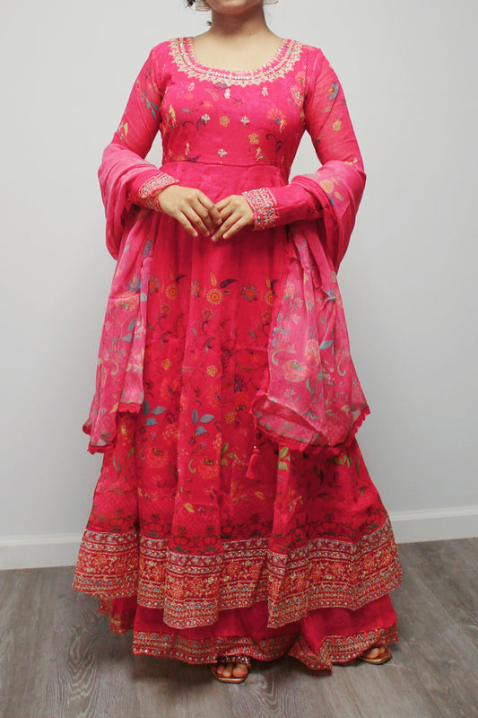 Umbrella Anarkali with wide palazzo pant and dupatta.
