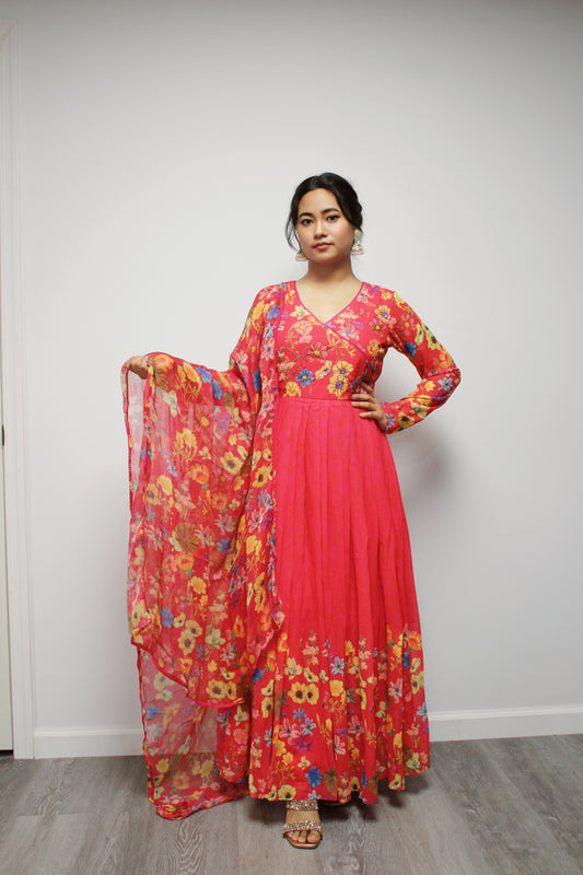 Floral Hand-worked Gown with pant and dupatta.