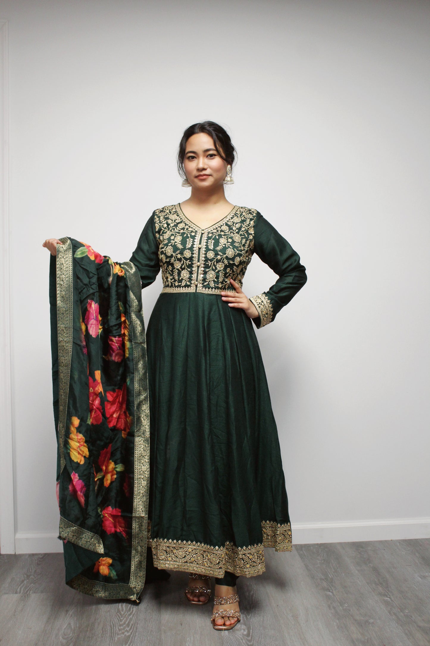 Art Silk Anarkali with Floral Dupatta.