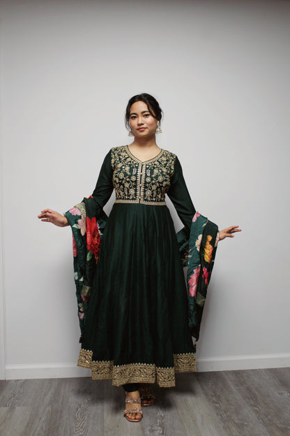 Art Silk Anarkali with Floral Dupatta.