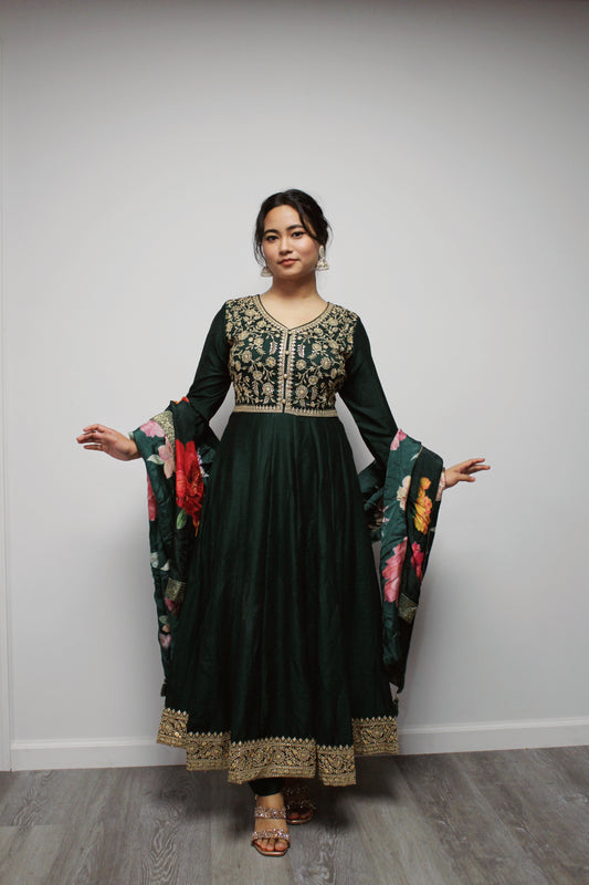Art Silk Anarkali with Floral Dupatta.