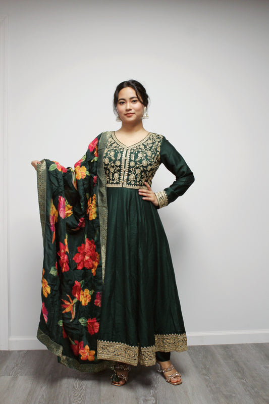 Art Silk Anarkali with Floral Dupatta.