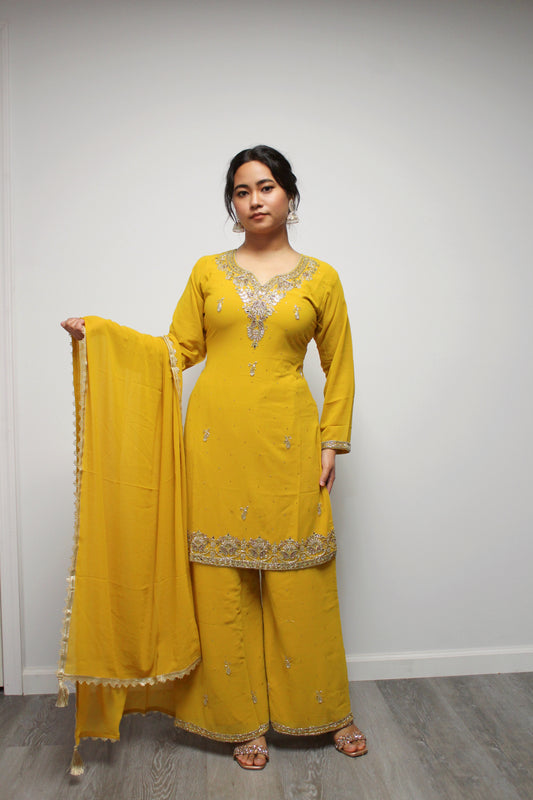 Hand-worked Palazzo Kurta set with Dupatta.